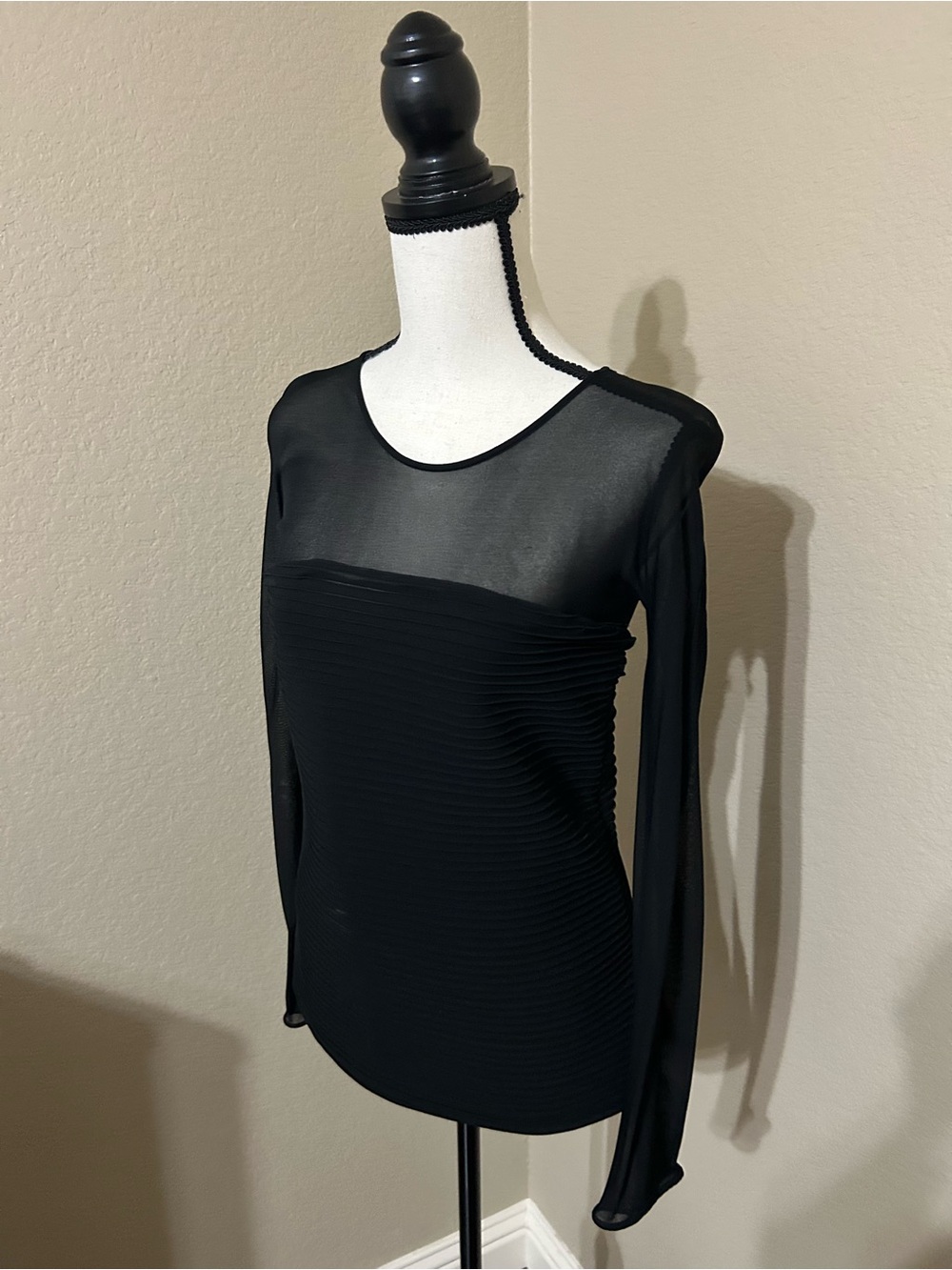 Giorgio Armani Black Sheer Yoke Ribbed Long Sleeve Top